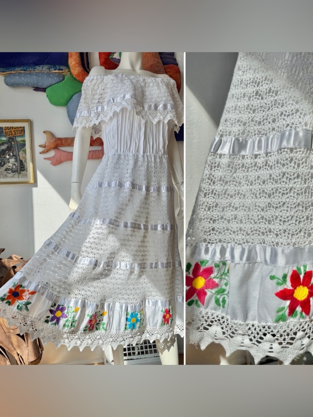Vintage EMBROIDERED MEXICAN DRESS Wedding Embroidery Peasant Sundress Crochet